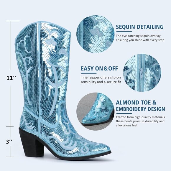 Women's Blue Sequin Mid Calf Tall Zipper Pointed Toe Embroidered Cowgirl Boots - Picture 5 of 6